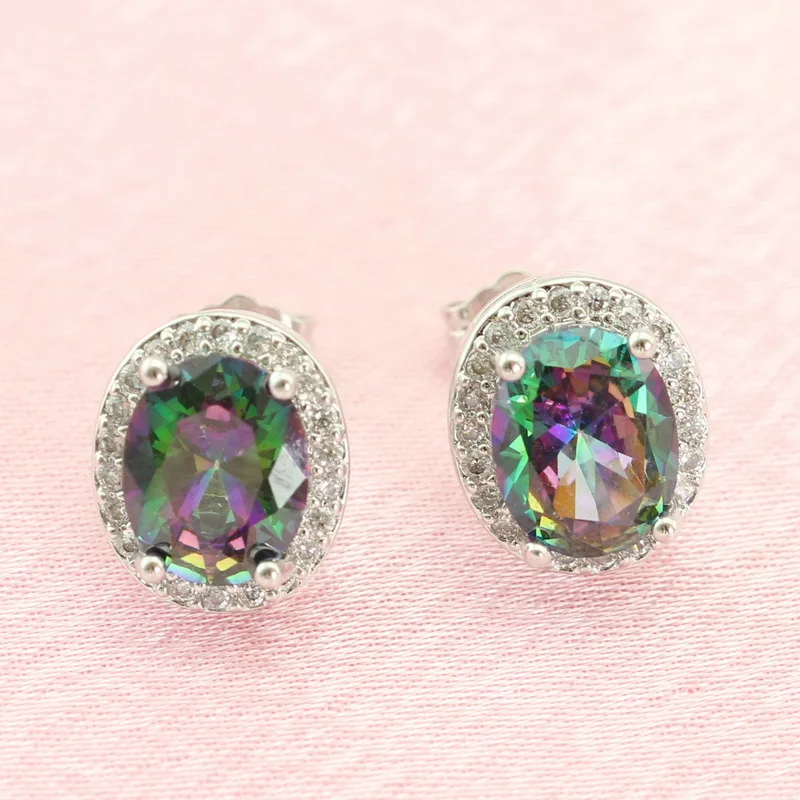 

Round Fire Multicolor Rainbow Cubic Zirconia Silver Color Stud Earring Christmas Jewelry For Women Free Gift Box