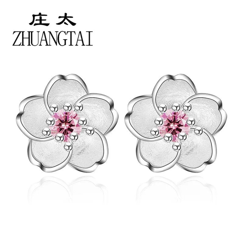 

2018 New Arrival Cute Cherry Flower Earrings For Women Luxury Brand Jewelry Pink Purple Cubic Zirconia Fashion Korean Earring