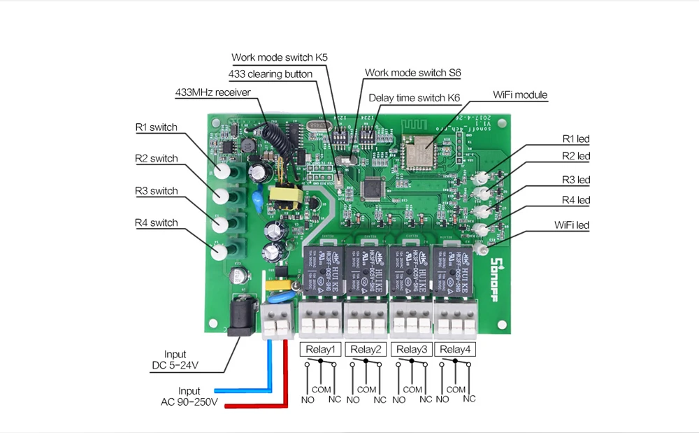 SONOFF 4CH Pro R2 беспроводной многоканальный wifi переключатель для умного дома модуль автоматизации управления Лер 433 МГц пульт дистанционного управления