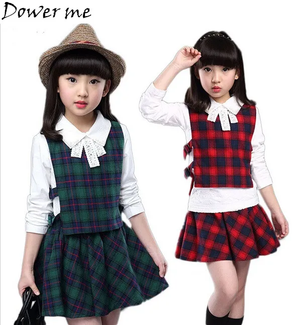 Autumn Children Girls Clothing 3pcs/Sets Kids Bowtie Blouse Plaid Skirt
