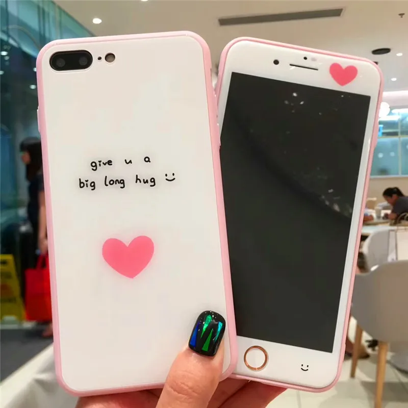 

Cute Love heart Phone Case for Apple iphone 7 Luxury Tempered Glass +screen protector Back Cover for iPhone 8 plus 7 6s 6plus