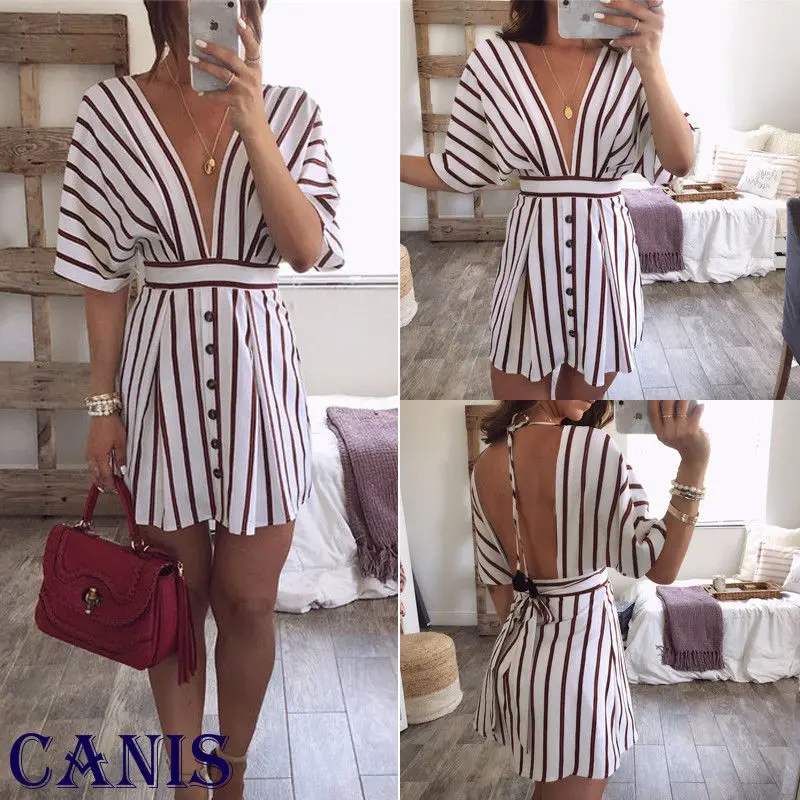 

HIRIGIN Womens Holiday Paisley casual Striped Deep V Neck Mini Dress Ladies Summer Ruffle Short Sleeve Dress