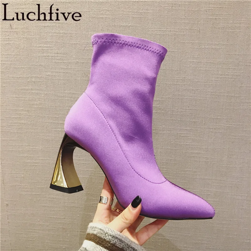 2018 Sexy satin ankle boots fro women pointed toe purple black elastic ...