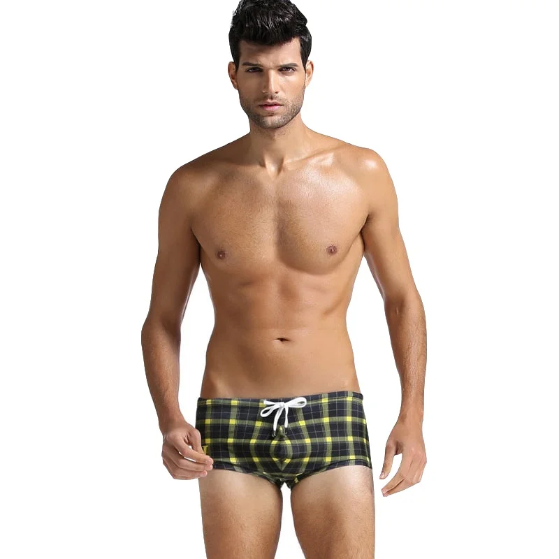 

2019 Plaid Swim Bathing Suits Men Swimwear Shorts Briefs Trunks Swimsuit Drawstring Sportswear Low Waist Beach Pool Wear Pants