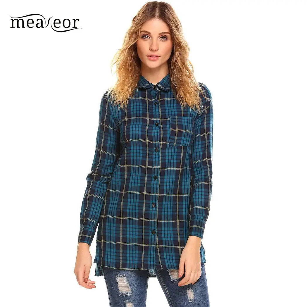 

Meaneor Turn-down Collar Plaid Women Blouses Shirts Long Sleeve Autumn Shirt Button Split Hem Female Tees Casual Women Tops
