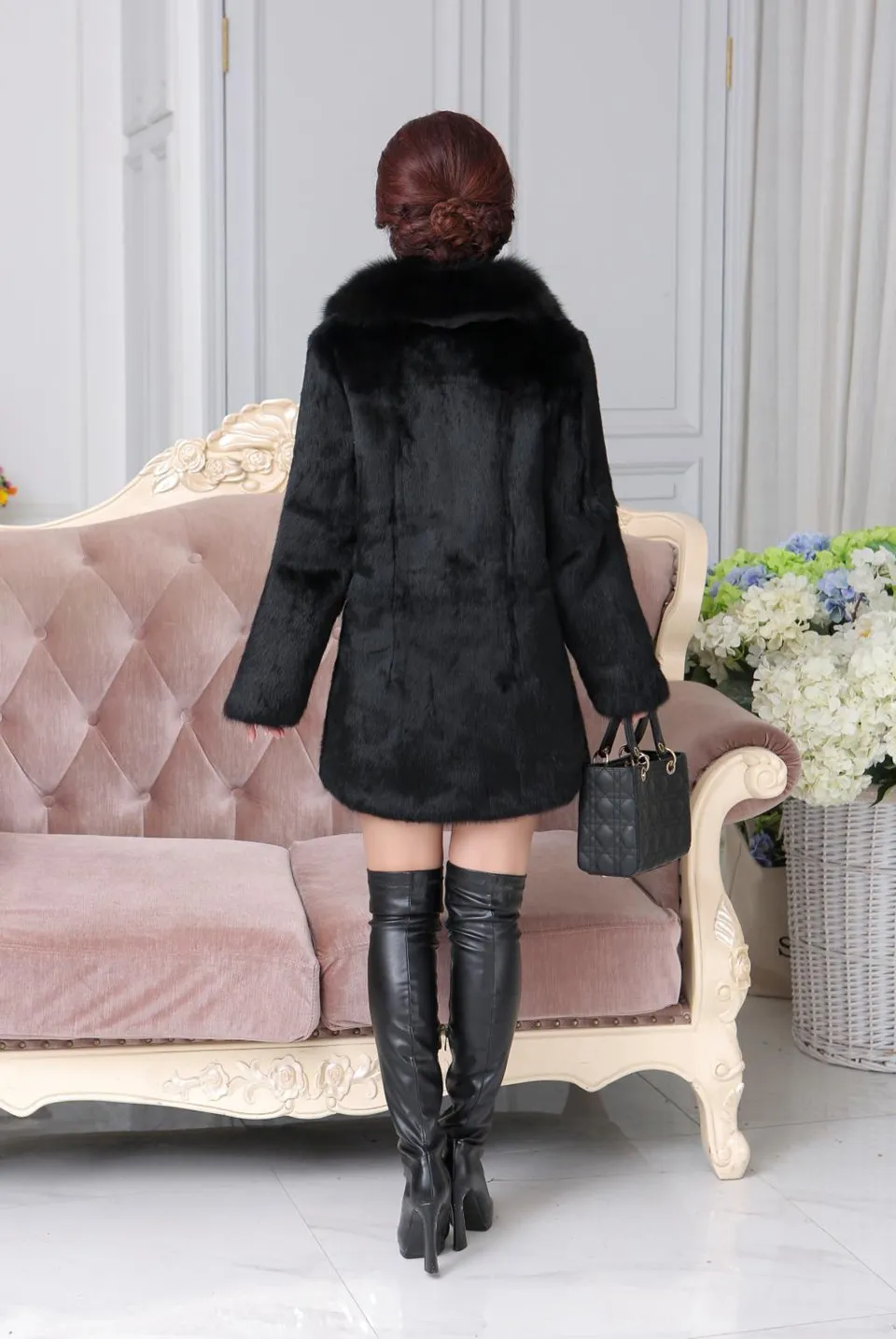 Пальто с натуральным кроличьим мехом для женщин с натуральным лисьим меховым воротником, длинная куртка средней длины, черная, красная теплая осенне-зимняя верхняя одежда