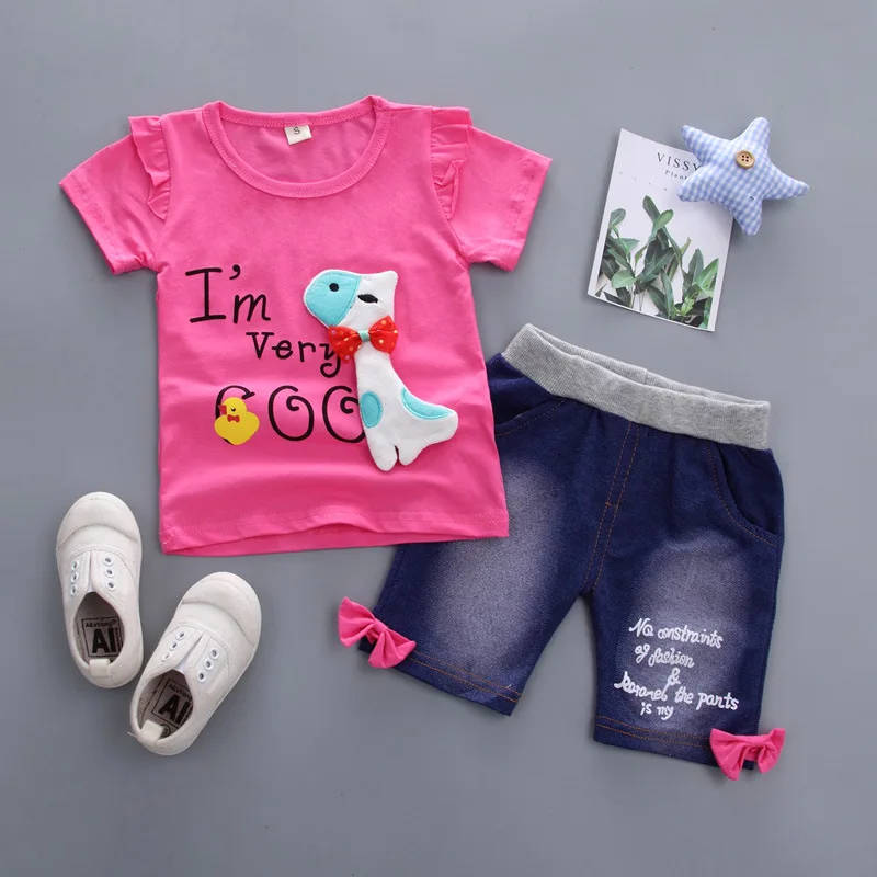 

Hot sales!2019 New style baby girls summer fashion cartoon cat Cute sweet cat short t-shirt +short pants 2pcs sets,girls clothes
