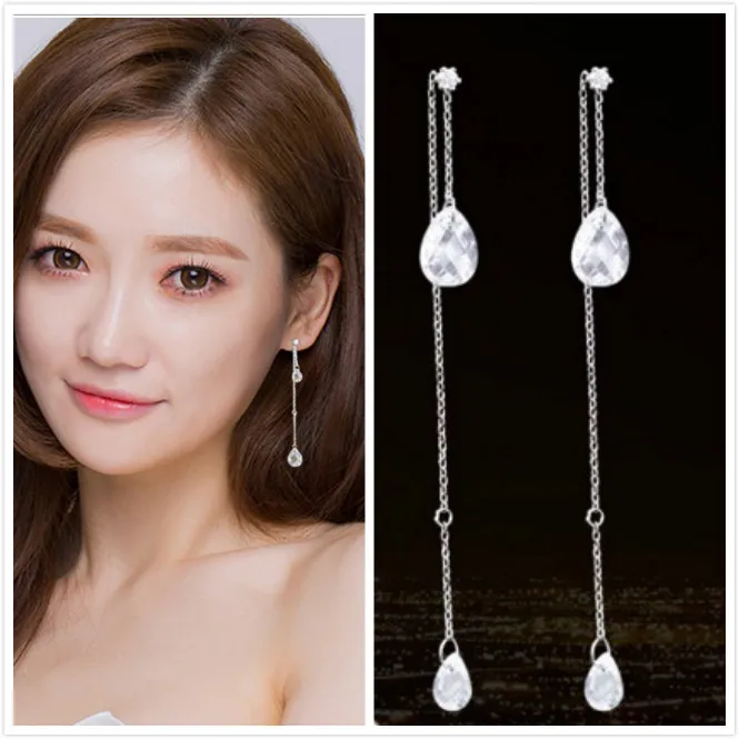 S925 Fashion Long Tassel Earing for Women Earring Crystal Water drop