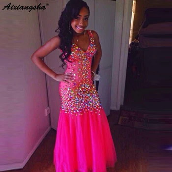 

Luxury 2019 Mermaid Long Evening Dress prom gown V Neck Backless Crystal Floor Length Tulle Long Formal Gown Party Dresses