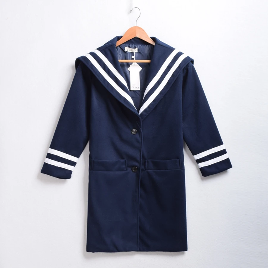 Women Navy Sailor Coat Girls Preppy Loose Overcoat Striped Long Outerwear Winter Clothing