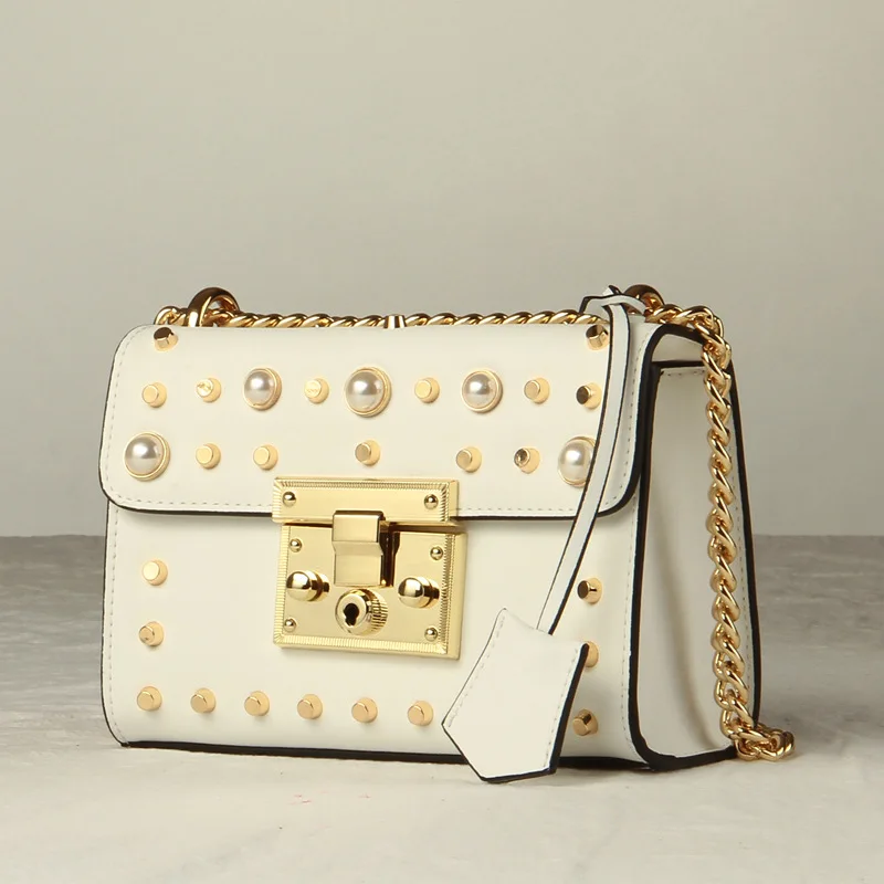 

New Women Lady Genuine Leathe Cowhide Pearls Rivets Chain Designer Handbags Flap Shoulder Bag Crossbody Messenger Mini Bags