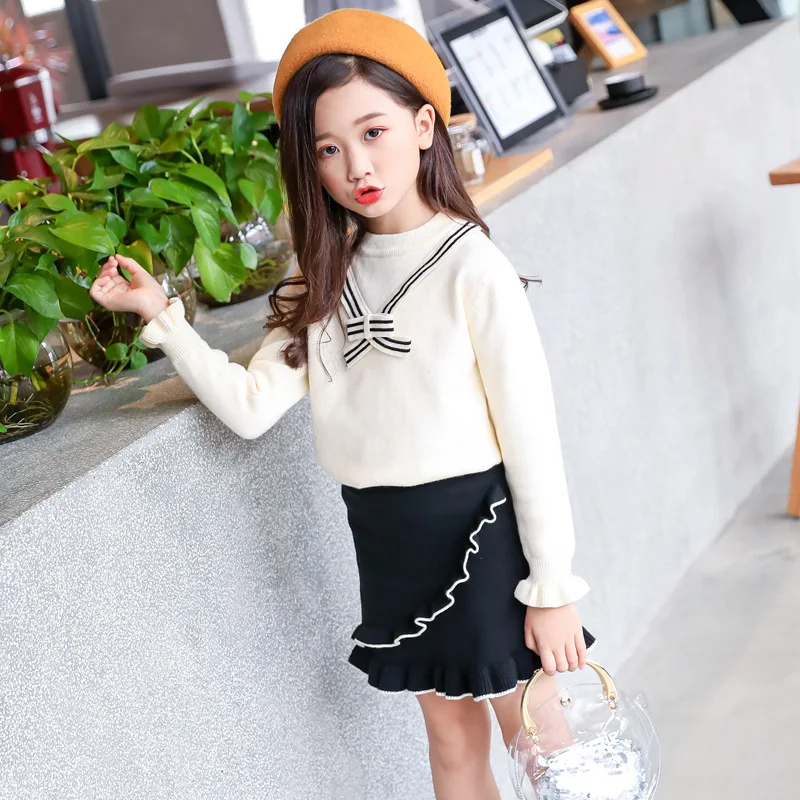 

Kids Girl Winter Clothes Suit 4 6 8 10 12 14 Years O-neck Stripe Beige Sweaters Black Skirt 2pcs/set Children Clothing Set 56A5A
