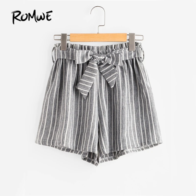 

ROMWE Striped Brief Shorts High Waist Womens Grey Self Bow Tie Front Cute Summer Shorts Fashion Wide Leg Ruched Casual Shorts