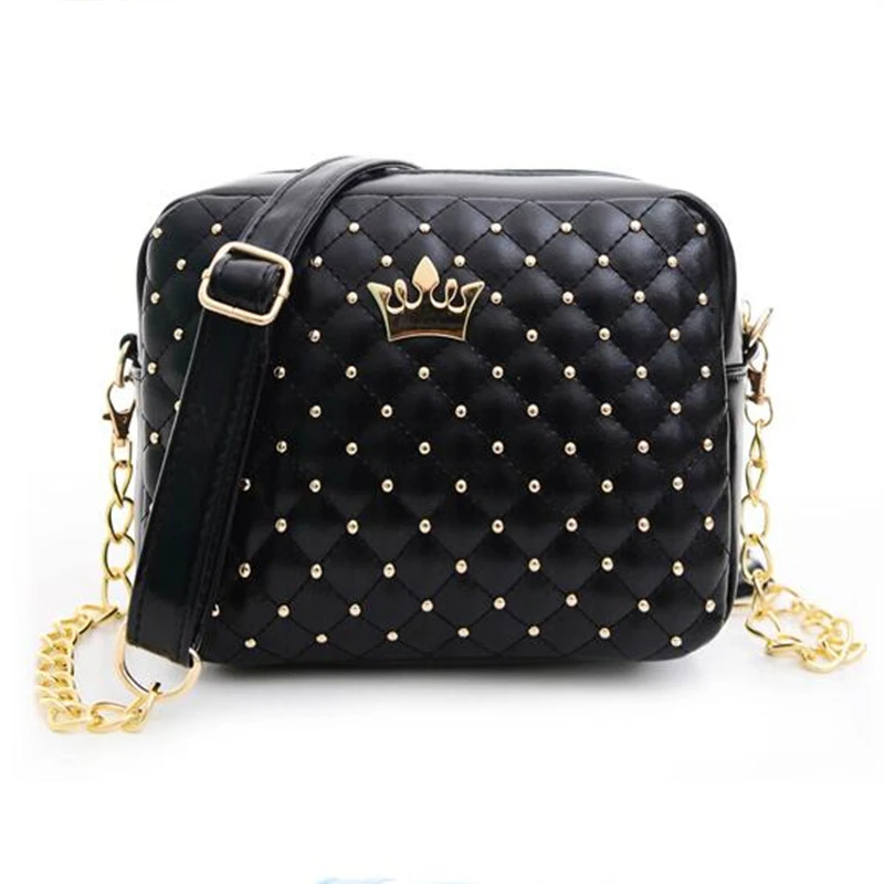 

DOODOO Women Bag Fashion Women Messenger Bags Rivet Chain Shoulder Bag High Quality PU Leather Crossbody Quiled Crown bag