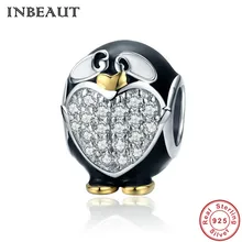 

INBEAUT 100% Real 925 Sterling Silver Clear CZ Zircon Stone Paved Lovely Lttle Black Penguin Beads Charm fit Trendy Bracelet