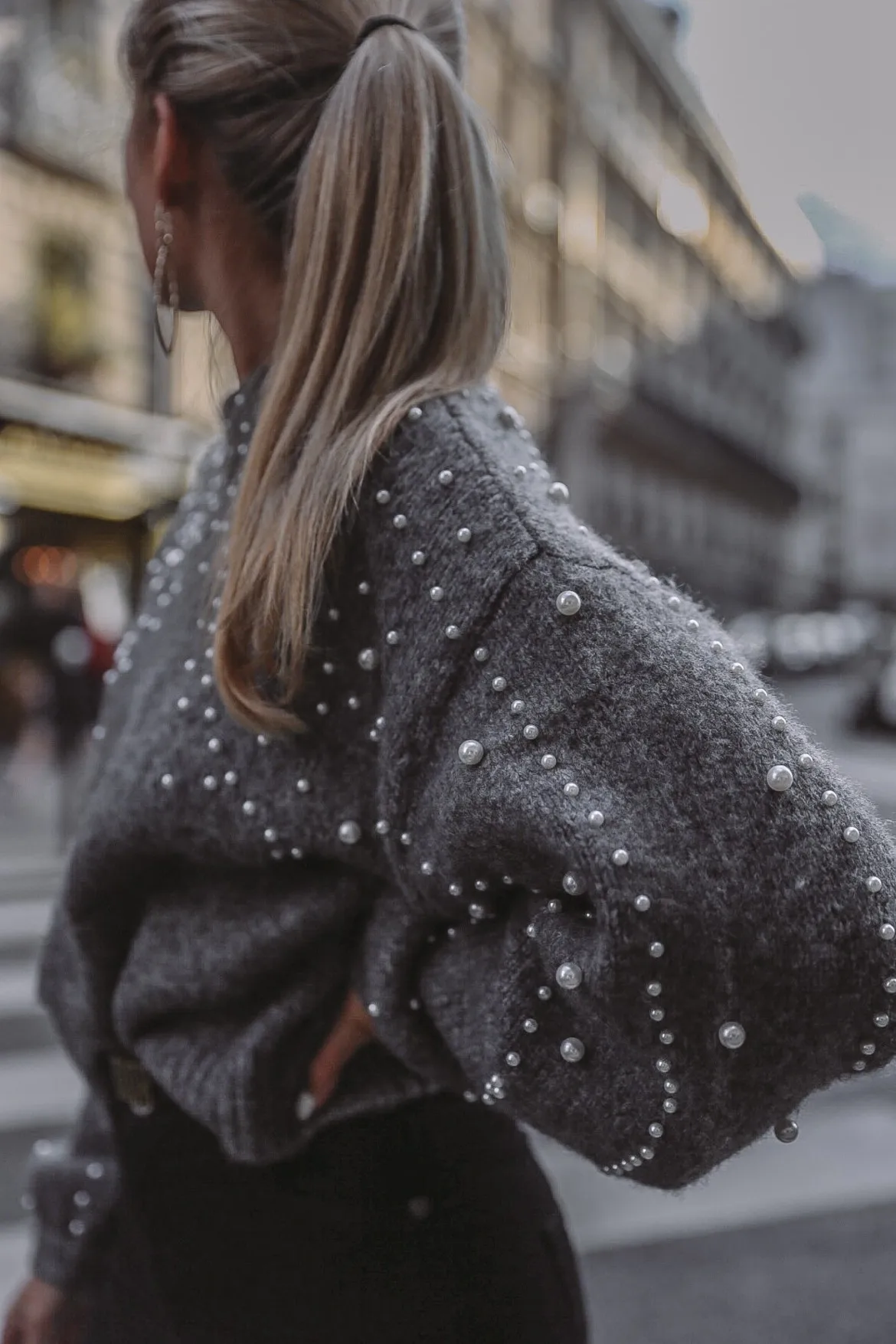 Осень Зима женские свитера пуловеры бисерный фонарь рукав вязаный свитер пуловер женский серый Обтягивающий джемпер