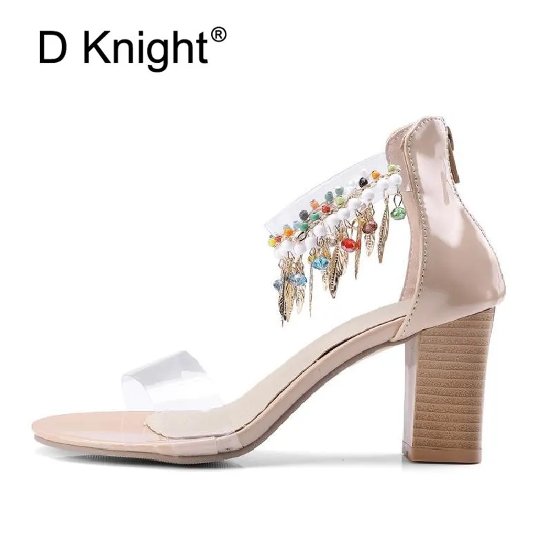 Bohemian Women Transparent Sandals Patent Ankle Strap Female Beads Heels Nude Black High Heeled Sandal Summer Shoes Ladies Woman (6)