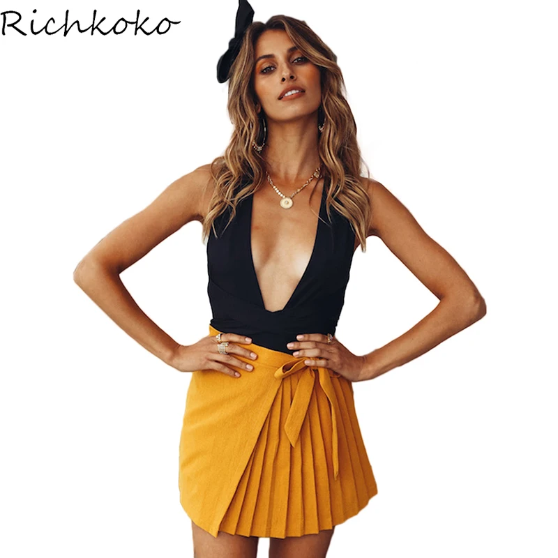 Richkoko Street Повседневное Асимметричный сплошной плиссированная юбка цвета хаки с