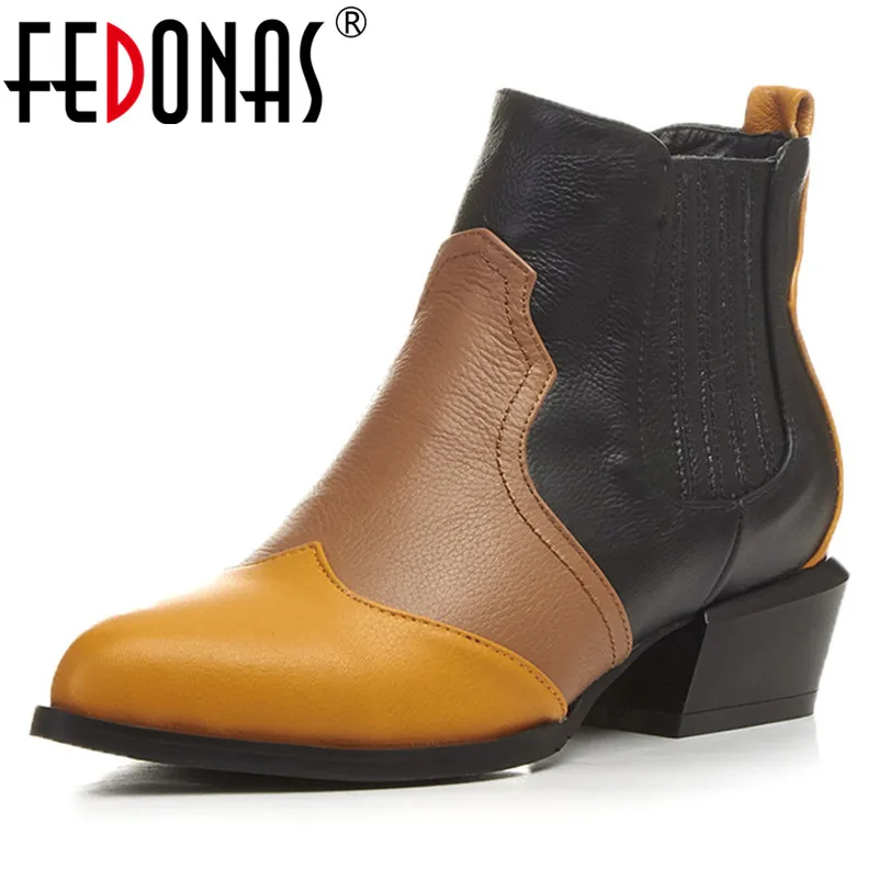 

FEDONAS Retro Women Ankle Boots Genuine Leather Autumn Winter Martin Shoes Woman High Heels Patchwork Party Pumps Basic Boots