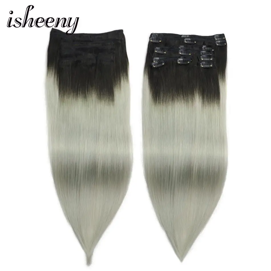 

Isheeny Remy Clip In Human Hair Extensions 8pcs/set Ombre Color 1B/Silver 150g Clip Full Head