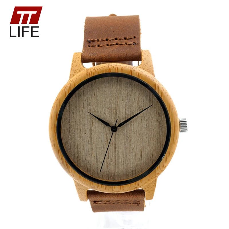 

TTLIFE Men Simple Bamboo Watch Leather Strap Watch Bamboo Case Plain Wood Dial Genuine Cowhide Clasual Handmade Woodenwatches