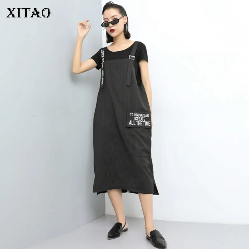 

[XITAO] 2019 Summer Korea Fashion New Women Square Collar Sleeveless Print Letter Striped Casual Pleated Pocket Dress WBB3852
