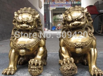 

XSF1205>>>China regius Pure Brass Door talisman Fu Foo Dog Evil Guardian Lion statue Pair