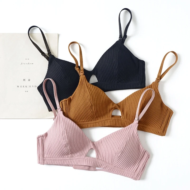 

Pholeey 1pcs Spring Summer Ribbed French Style Flat Chest Wire Free Women Bra 3/4 Cup Female Ultrathin Cotton Bralette P18186