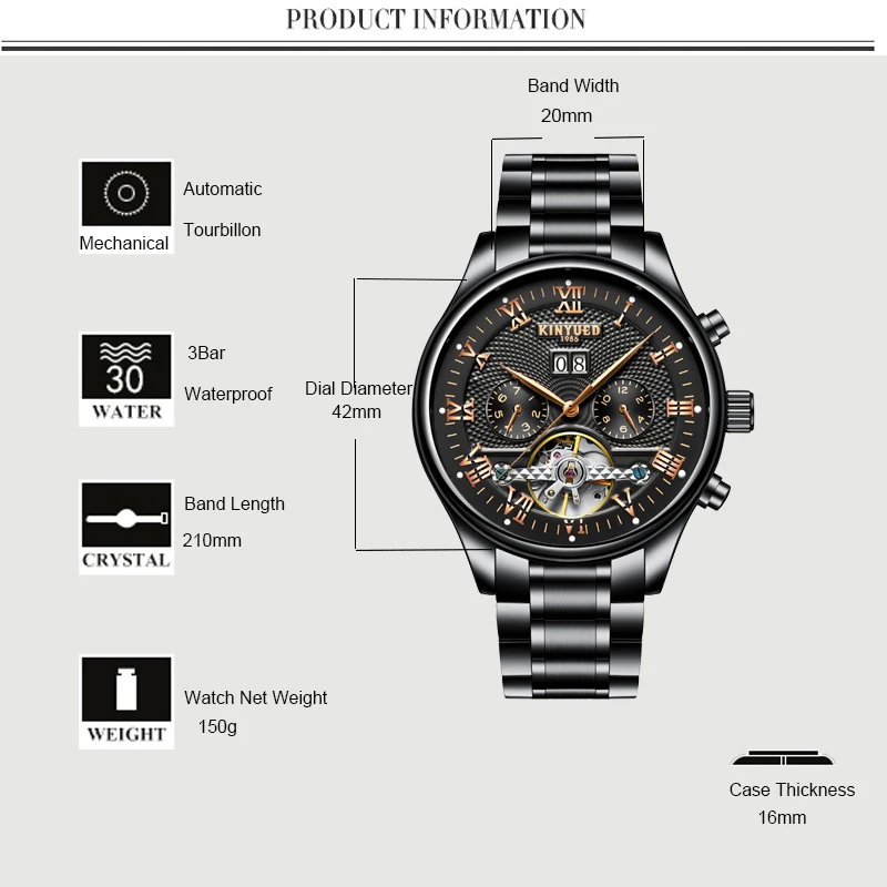 KINYUED Band Elegant Black Men's Watches Tourbillon Mechanical Stainless Steel Wrist Watch Complete Calendar Self-Wind Clock New (12)