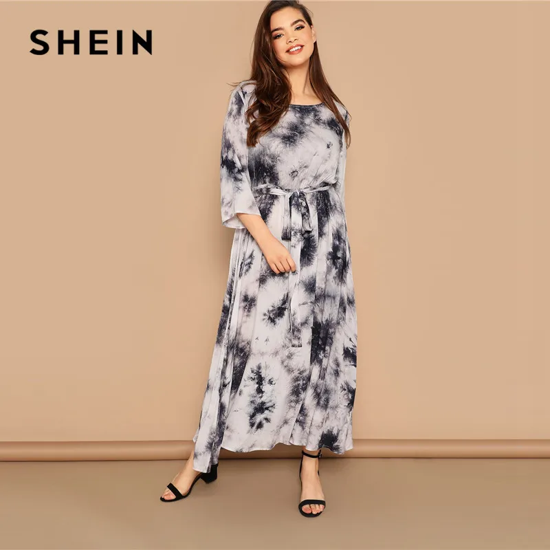 

SHEIN Plus Size Multicolor Tie Dye Belted Long Dress Women Spring Casual Round Neck High Waist A Line Half Sleeve Dresses