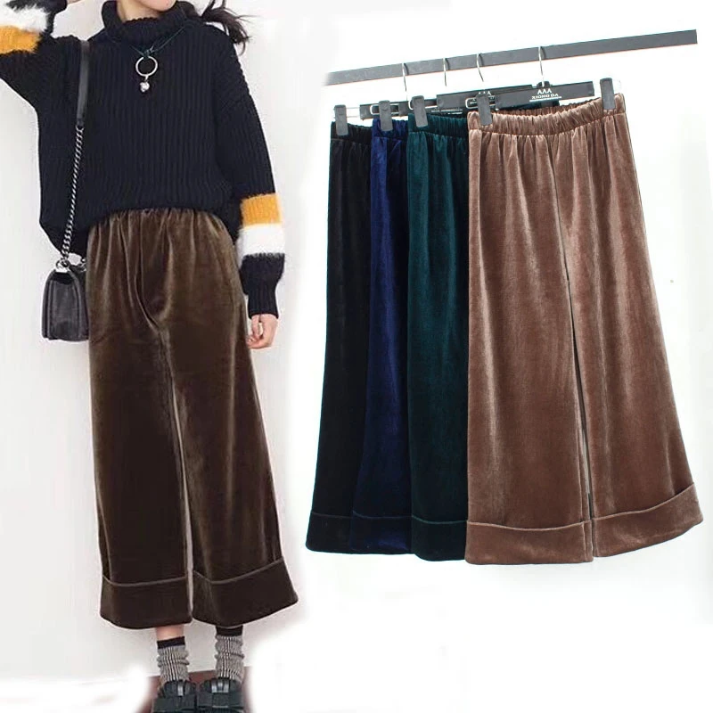 Free Shipping 2021 New Fashion Ankle Length Trousers For Women Stretch Blue Wide Leg European  Autumn Winter Velvet Black Pants брюки uniqlo smart ankle pants 2way stretch длина штанин 71см