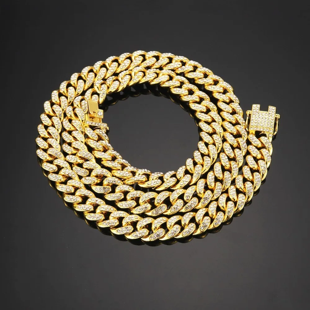 

Miami Cuban Link Chain Necklace 13mm Full Bling Bling Iced Out Rhinestones Silver Gold Color Fashion Jewelry Necklace
