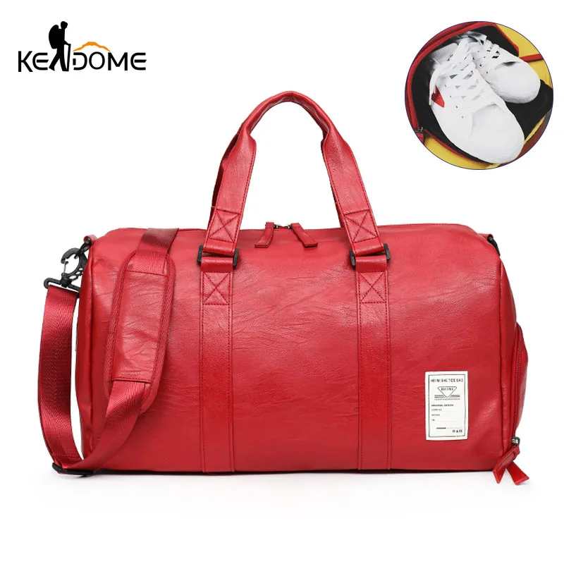 Top PU Leather Gym Male Shoe Bag Sport for Women Fitness Travel Luggage Bags Handbags Over the Shoulder Bag Black Red XA686WD