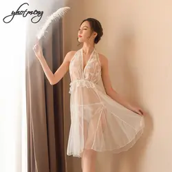 Yhotmeng перспектива белый марли сексуальные пижамы перо сексуальное женское белье комплект из двух предметов спинки Кружева Ночное белье