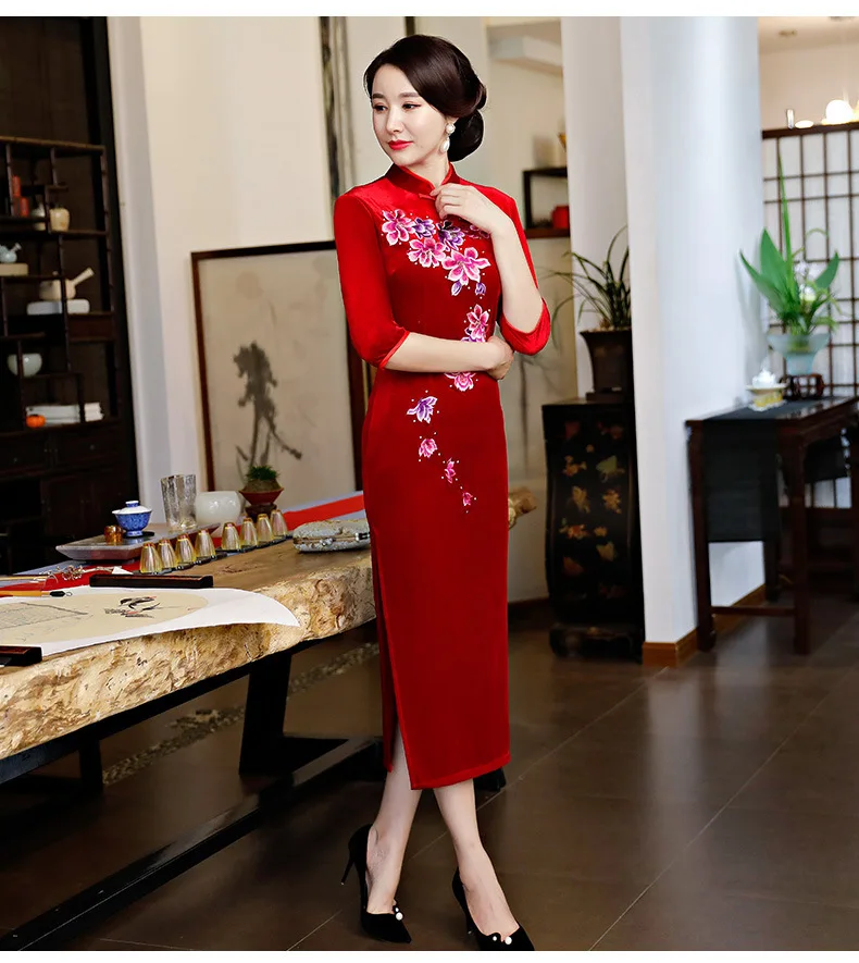 Вышивка бархат Cheongsam платье китайское традиционное Qipao красный Длинные Платья Восточный стиль Китайские женские халаты велюр