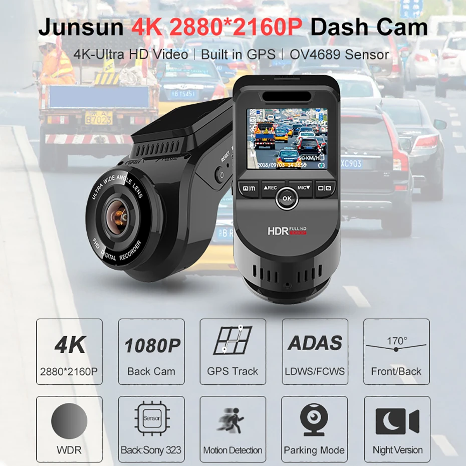 Автомобильный видеорегистратор Junsun 4K 2160P Ultra HD с двумя объективами встроенный GPS