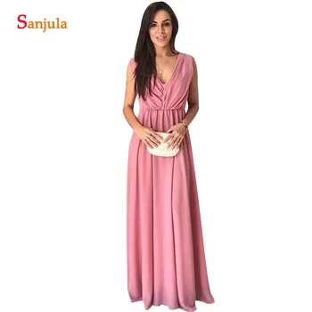 

Simple Long Wedding Guest Dress A-line V-neck Chiffon Bridesmaids Dress Party Gowns Vestiti Donna Eleganti Per Cerimonie BY105