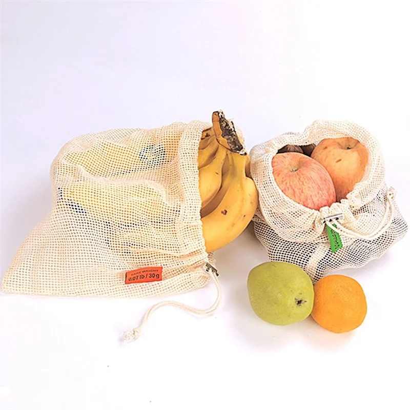 Online 9 Uds. Bolsas de almacenamiento de verduras de malla de algodón para la cocina bolsa de organización de frutas respetuosa con el medio ambiente con cordón reutilizable lavable