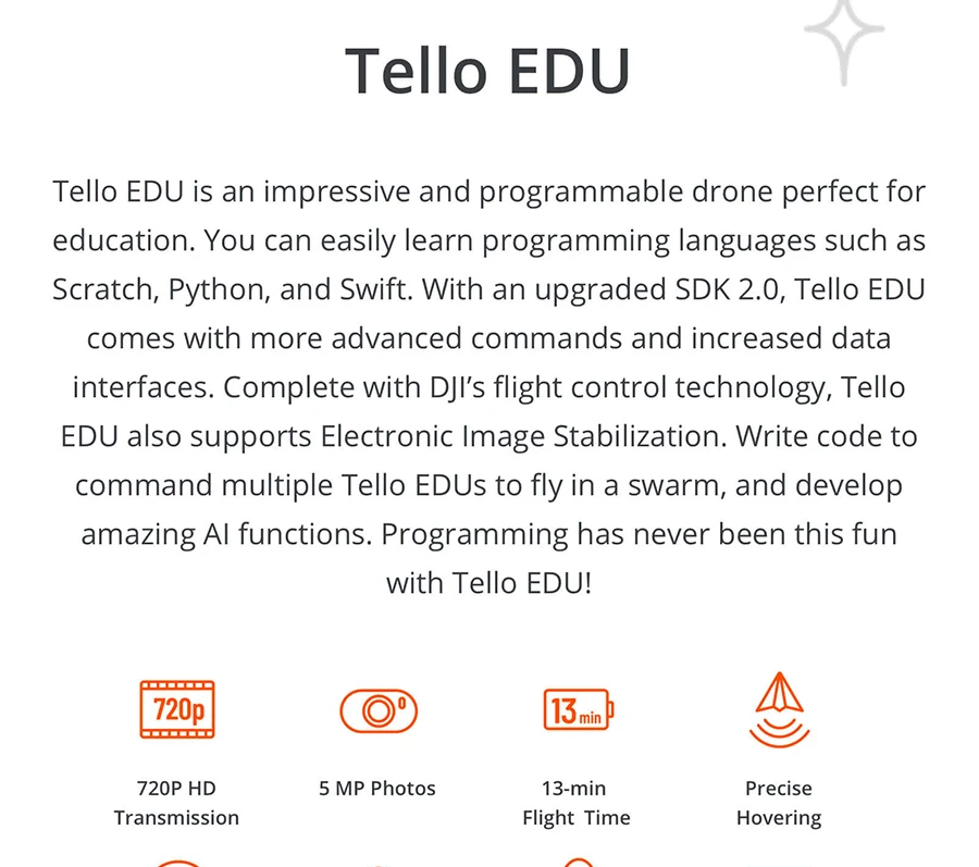 DJI Tello EDU 720P HD передача 5 Мп фотографии до 13 мин Время полета точное зависание программируемый Дрон для образования