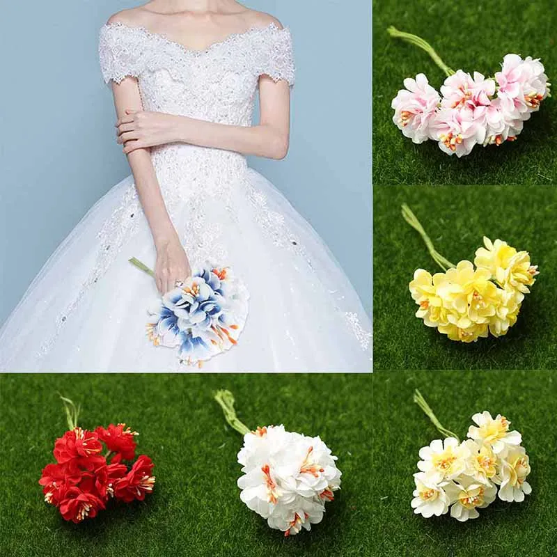 

6pcs Mini Silk Cherry Artificial Bouquet DIY Handmade Tattoo Wreath Scrapbook Wedding Decoration Craft Fake Flower