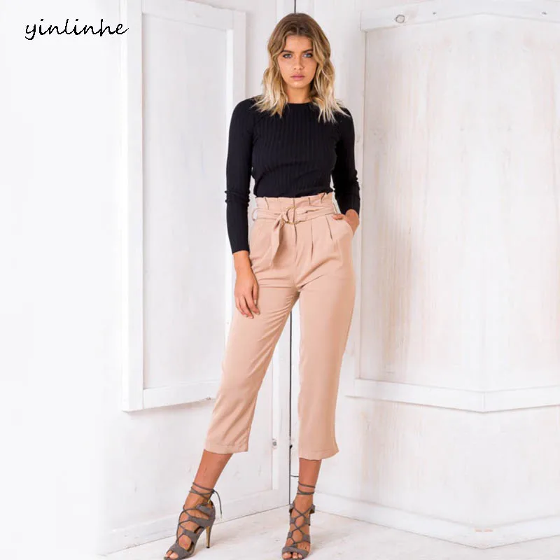 yinlinhe Straight Female Pant Khaki With Belt High Waist