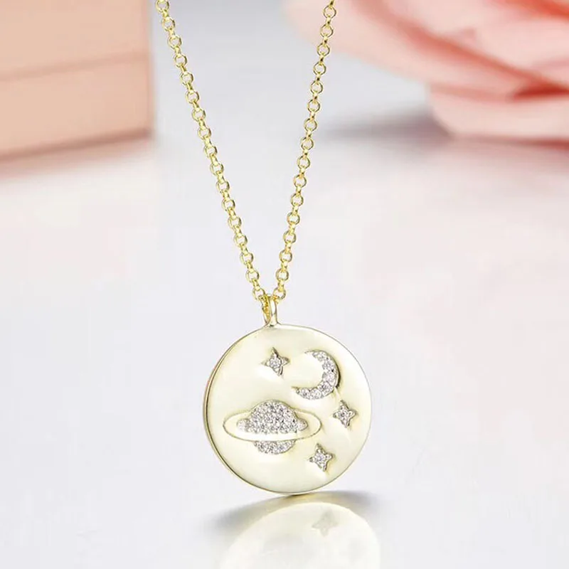 

SLJELY 925 Sterling Silver Galaxy Star Moon Pendant Necklace Adjustable Chain Women Cubic Zirconia Space Style Monaco Jewelry