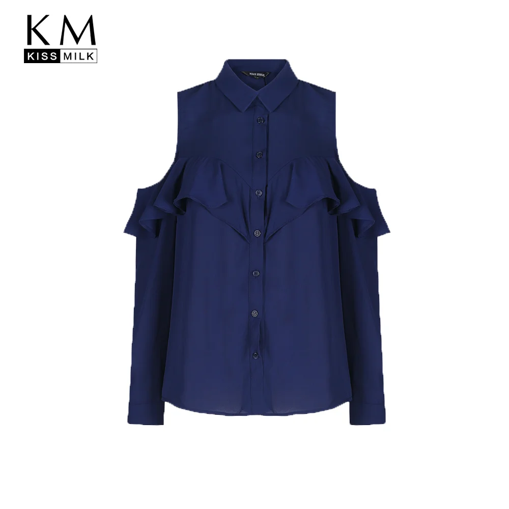 

Kissmilk Plus Size Women Clothing Cold Shoulder Ruffle Detail Blouse Casual Long Sleeve Blouse Shirt Big Size Ladies Blouse