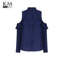 Kissmilk Plus Size Women Clothing Cold Shoulder Ruffle Detail Blouse Casual Long Sleeve Blouse Shirt Big Size Ladies Blouse ruffle detail wide cuff trapeze pinstripe blouse