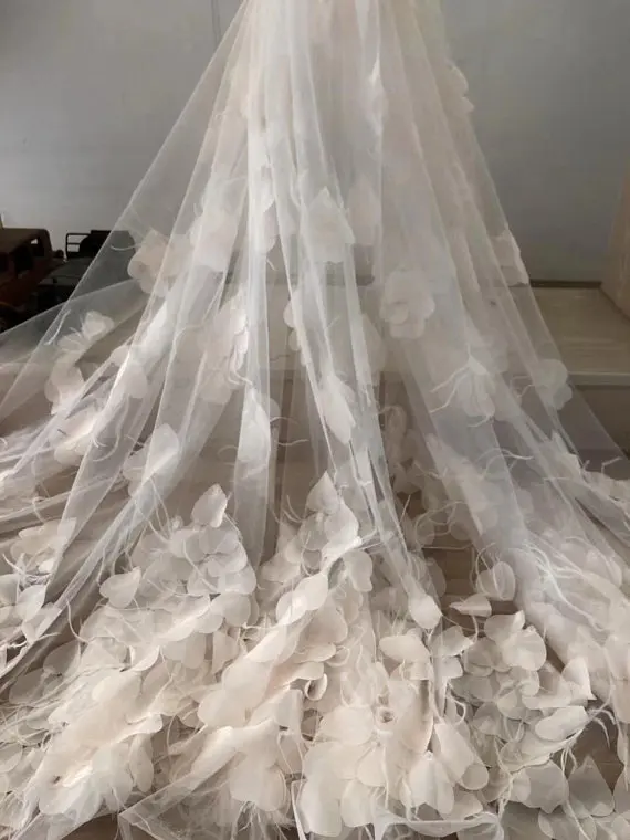 light blue 3D lace fabric with Ostrich feather haute couture dress