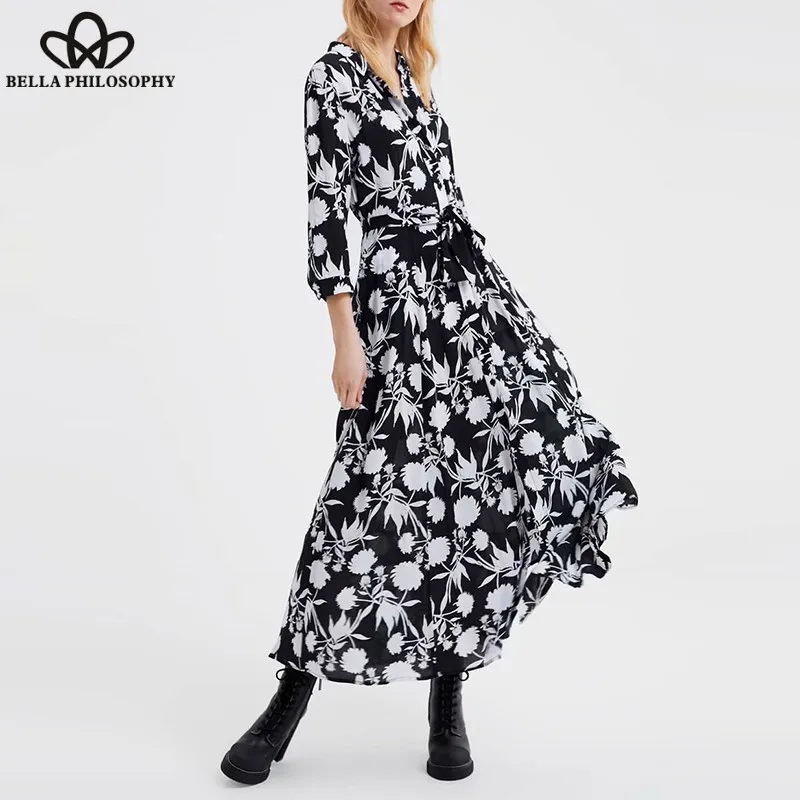 Wonder Spring Long Sleeve Long Maxi Dress Vintage Print Floral Female A-Line Dress Casual Street Wear Lady Sashes Dress 2019