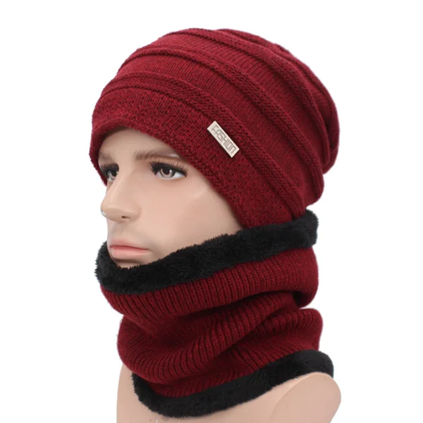 AETRUE, модные зимние шапки, шарфы, Skullies Beanies, мужские шапки, вязаные головные уборы для мужчин и женщин, бренд Gorras, теплая шерстяная Мужская Шапка-бини - Цвет: wine red set