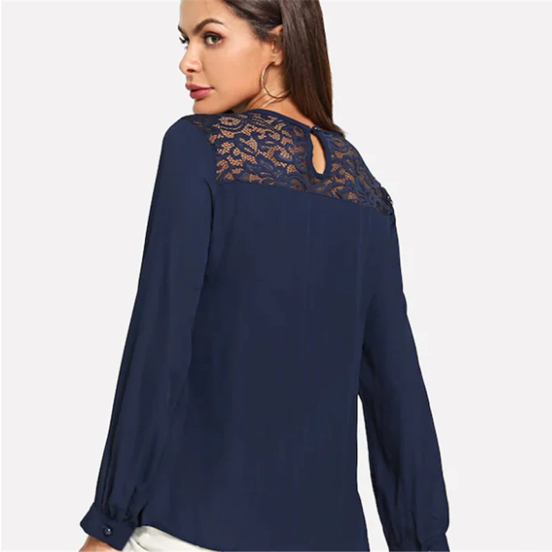 2019 Women Casual Tops Chiffon Long Sleeve Blouse Ladies Loose Shirts Female Blusas Sexy Lace Mesh Shirt Patchwork Embroidery