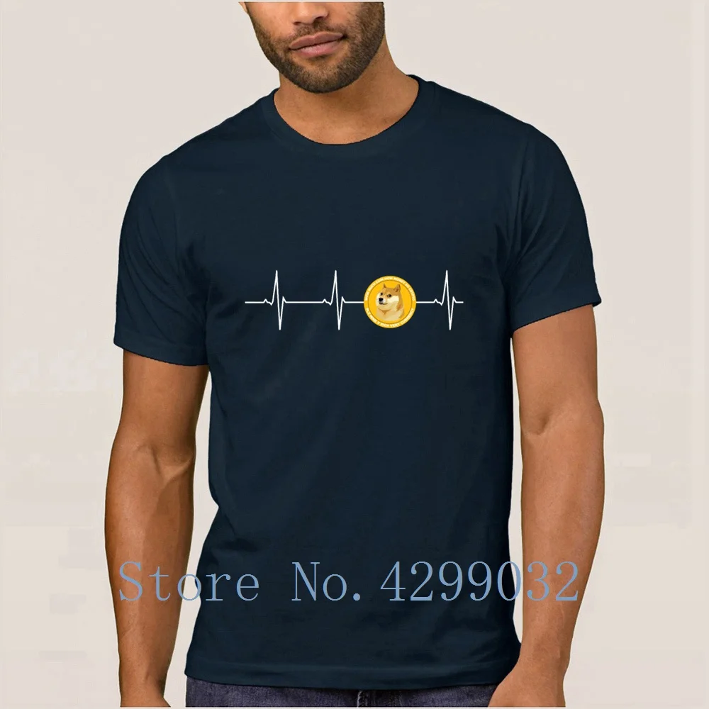 Dogecoin Heartbeat Line Blockchain Cryptocurrency T Shirt O Neck Knitted Casual Men T Shirt Sunlight Homme Fitted Tee Tops