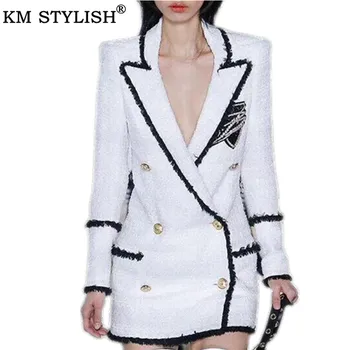 

Europe and America 2019 Fall and winter Women's jacket Rhinestone badge Double-breasted sequins Tweed Suit Blazer
